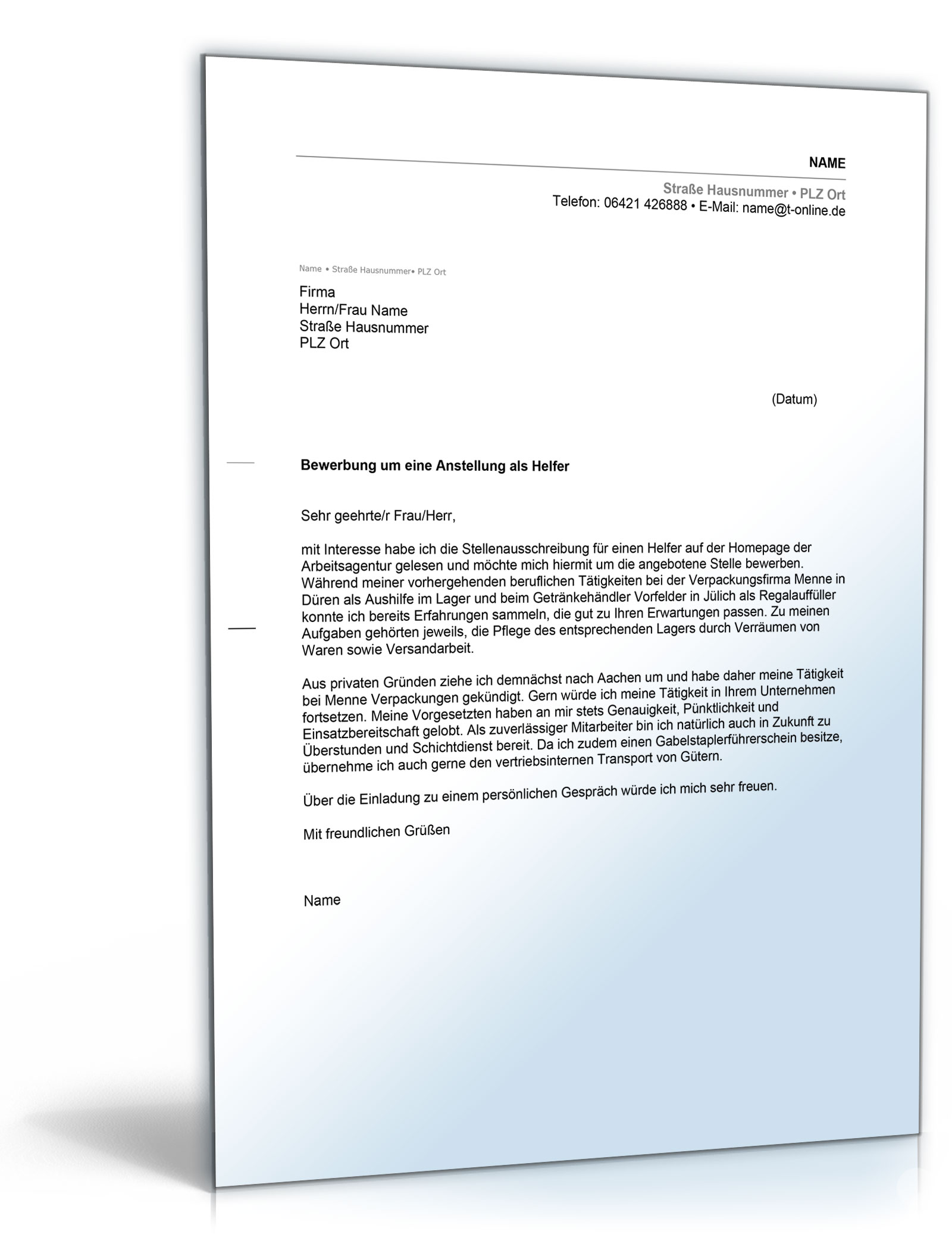 Anschreiben Bewerbung Helfer Word Dokument Download Amazonde