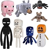 XSLWAN 8Pack Snow Golem Plush, Enderman Plush, Baby Wolf, Baby Pig, Spider, bat, Skeleton Shooter, Squid Stuffed Animals Toys，Great Gift for Children and Fans