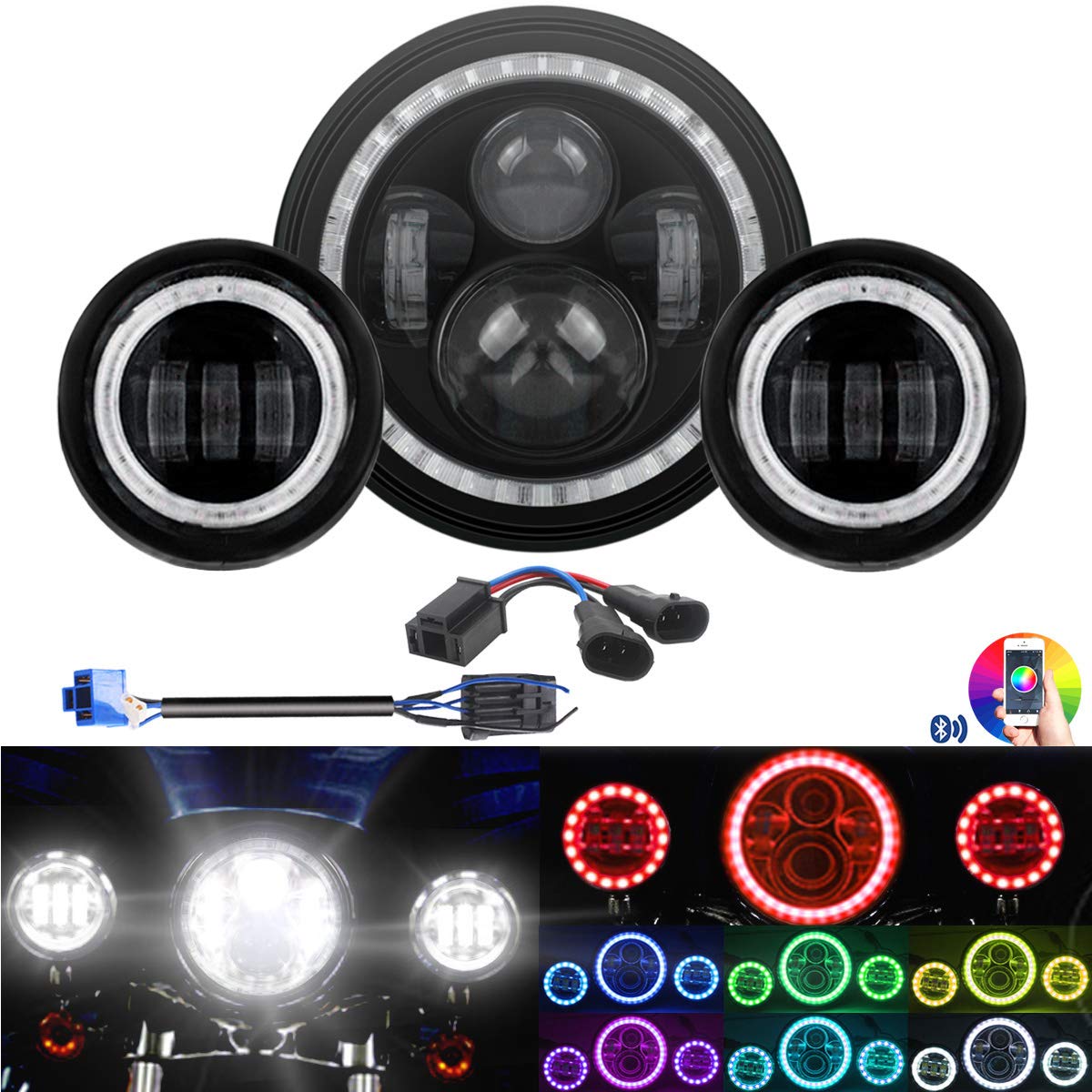 Buy DOT H4 7'' Multicolor Halo Headlight & RGB Halo Passing Light For