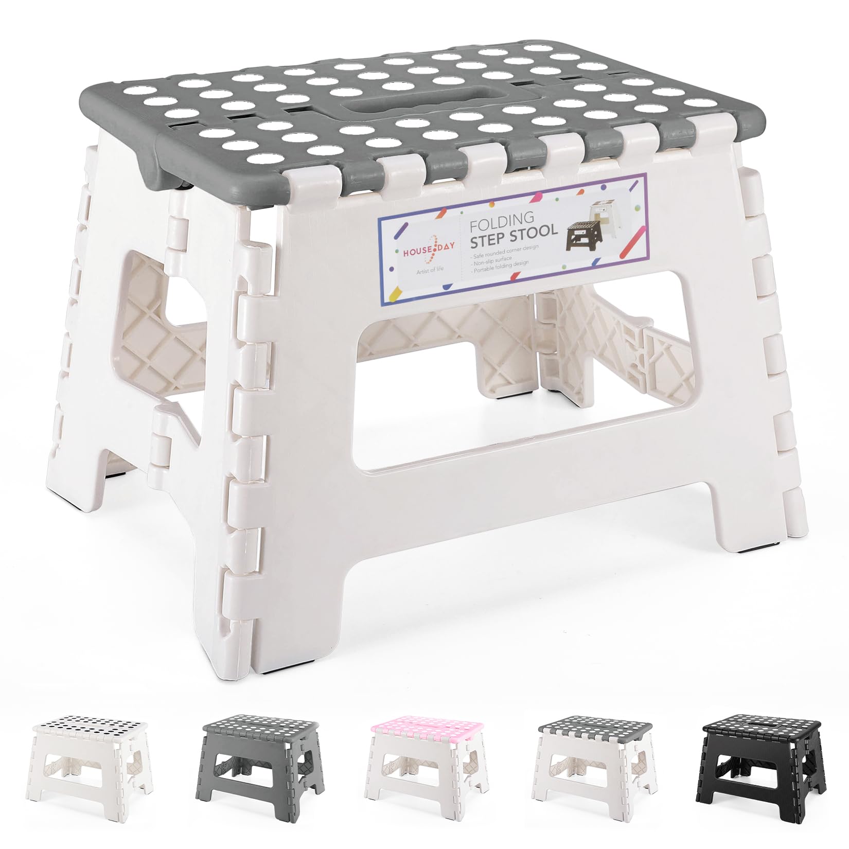 HOUSE DAY Folding Step Stool 9 Inch, Sturdy Foldable Stool with Carry Handle, Collapsible Step with Non-Slip Surface for Kids And Adults, Portable Design for Kitchen, Bathroom, Camping-Grey & White