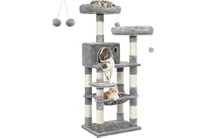 FEANDREA Cat Tree, Cat Tower for Indoor Cats, 56.3-Inch Cat Condo with Scratching Posts, Hammock, Plush Perch, Light Gray UPCT15W
