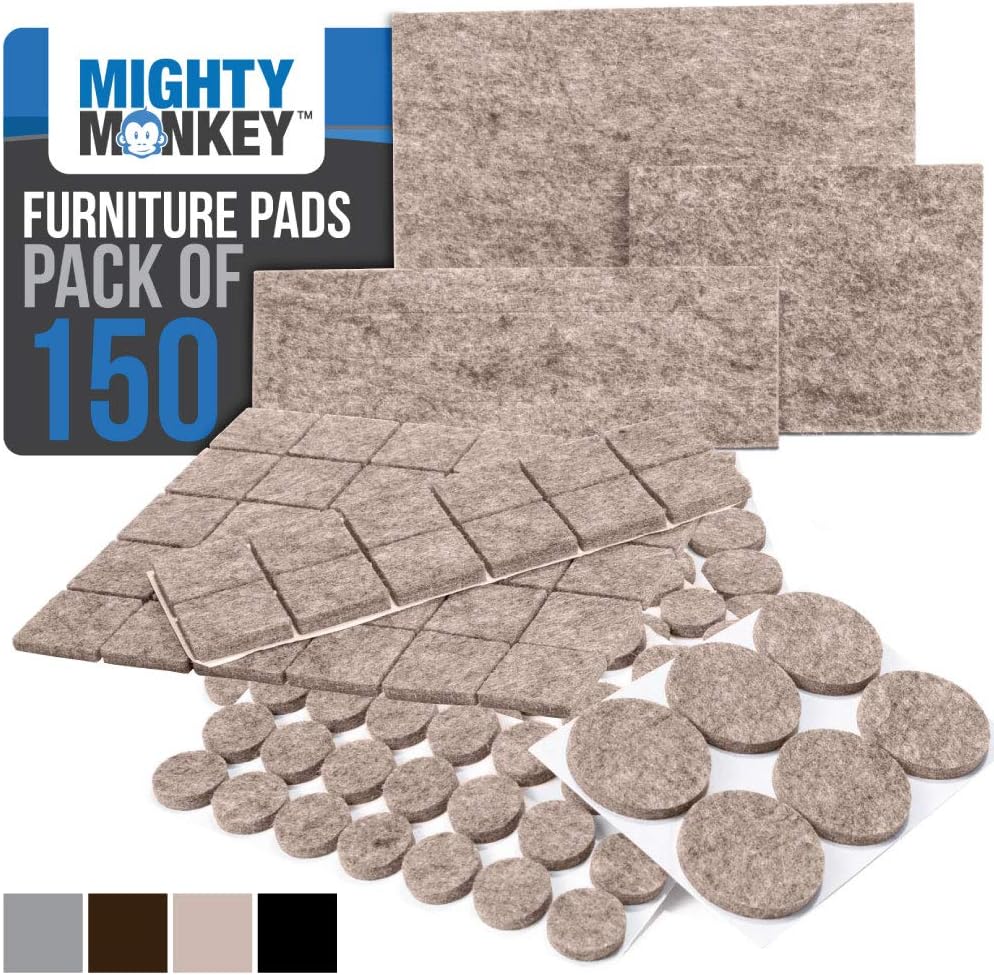 MIGHTY MONKEY Felt Furniture Gripper Pads, 150 Pack, Easy Glide, Stays on Furniture, Pad Prevents Scratches on Floors, Prescored Adhesive Strips Secure to Furniture, Heavy Duty, Protects Floor, Beige