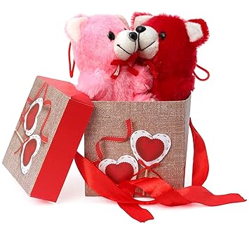 TIED RIBBONS Anniversary Birthday Friendship Day Gifts for Boyfriend Girlfriend Wife Husband Friend (Gift Box with Ribbon, 2 Small Teddy)