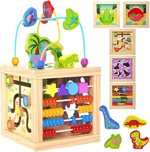 Fajiabao Wooden Baby Activity Cube 6-in-1 Montessori Toys Dinosaur