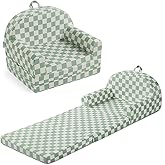 Blissful Diary Foldable Toddler Couch, 2-in-1 Comfy Toddler Chair & Lounger for Reading, Playroom, Kids Couch Sofa for Girls Boys Birthday Gift, Sage Checkered