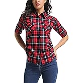 OCHENTA Women's Roll Up Sleeve Button Down Plaid Flannel Shirt Fall Casual Tops