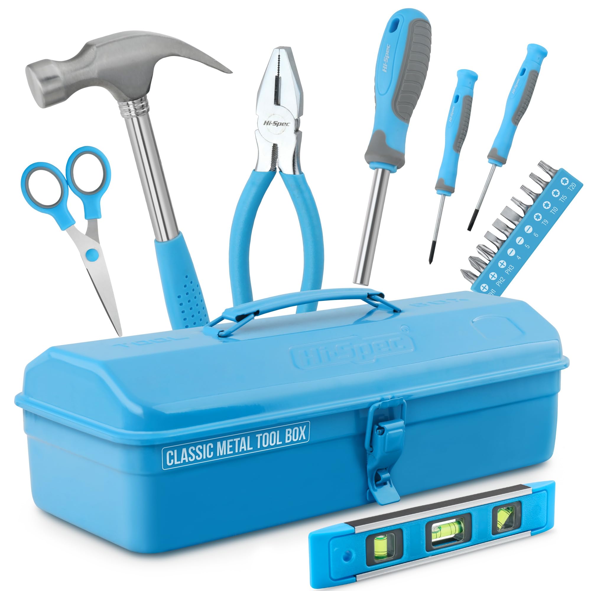 Hi-Spec Blue Beginner Tool Kit Set with Metal Box – Complete Real Hand Tools for DIY Starters, Kids, Home Repairs, Crafts, Learning Projects, Fixes, and Basic Household Maintenance