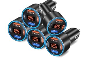 5 Pack Car Charger USB C, 65W Multi Port Dual 12V Cigarette Lighter USB Car Charger Adapter with Voltmeter PD/QC 3.0 Super Fa