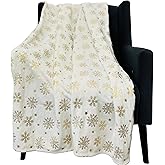 Winter Holiday Christmas Fleece Throw Blanket: Velvety Soft, Gold Snowflakes Stars Design, Durable Accent for Bed or Couch, Oversized 50 x 70 inches
