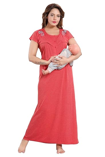 Women Cotton Striped Maternity Gown for Feeding (Multicolor - Free Size)