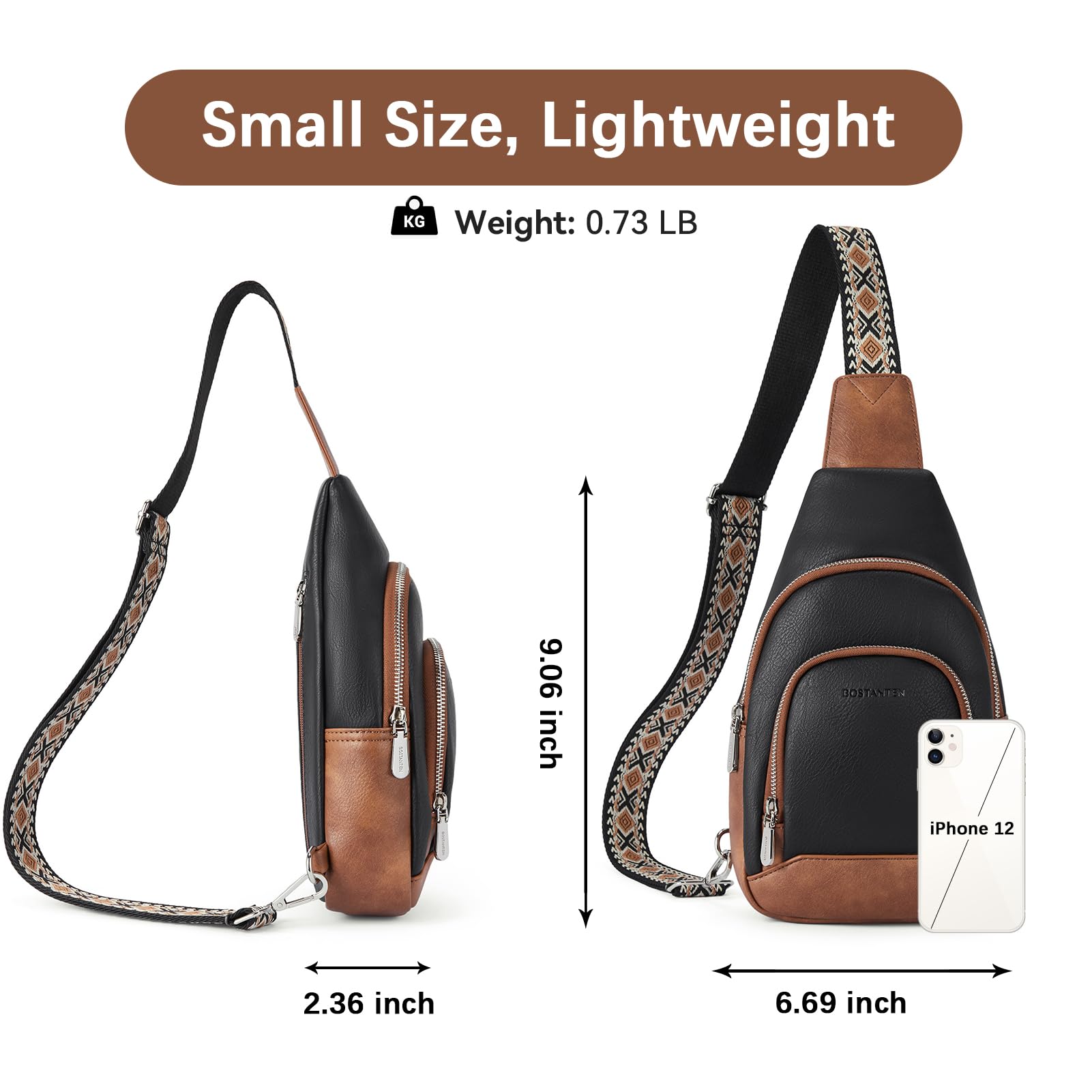 BOSTANTEN Sling Bag for Women Leather Crossbody Bag Vintage Cross Body Purse for Travel with Guitar Strap, Bohemian Style