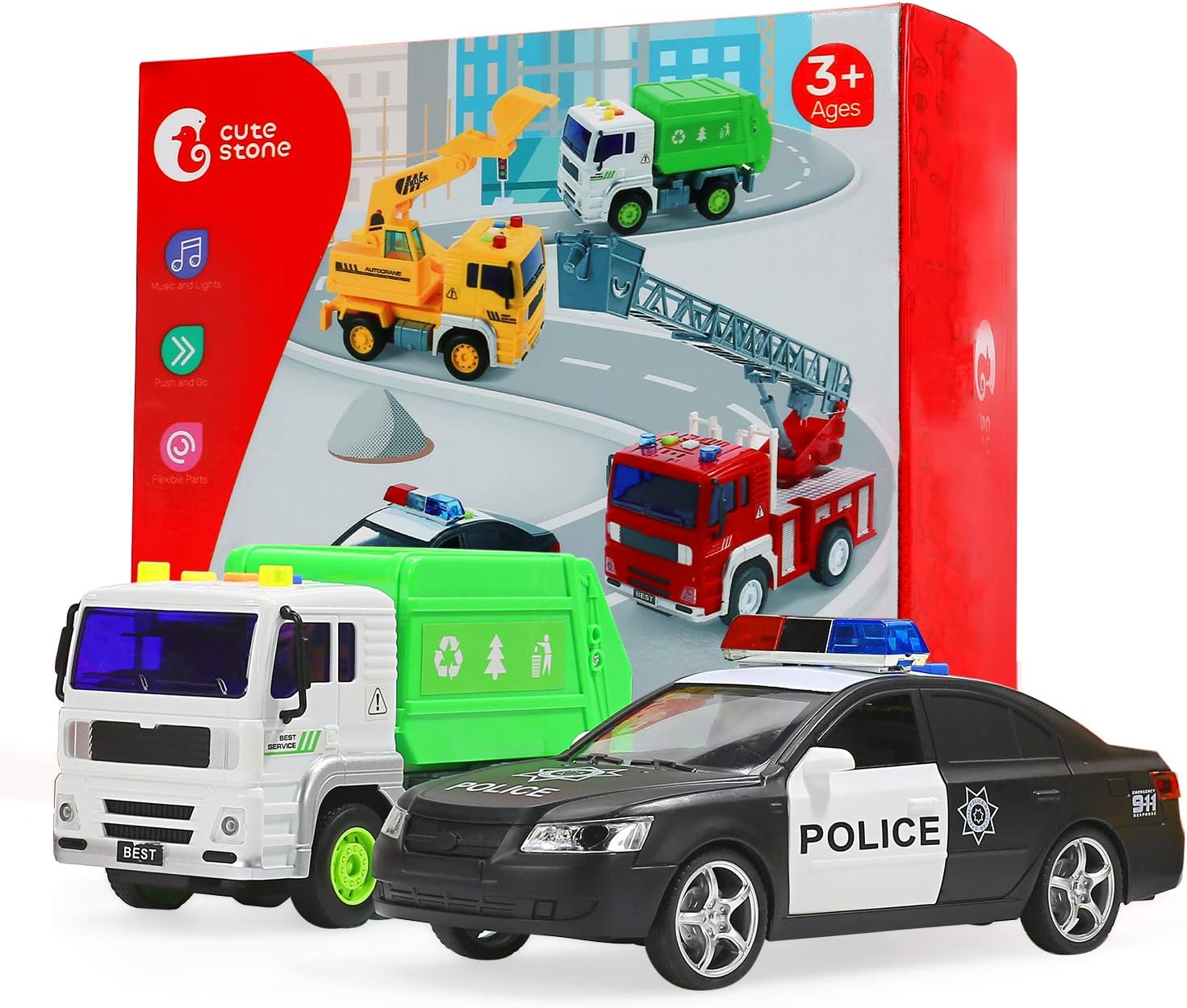 Fire Truck, Construction Truck, Police Car and Garbage Truck with Sound and Light, Pull Back Cars Push and Go Cars Friction Powered Play Vehicles for Toddler Boys and Girls: Toys & Games