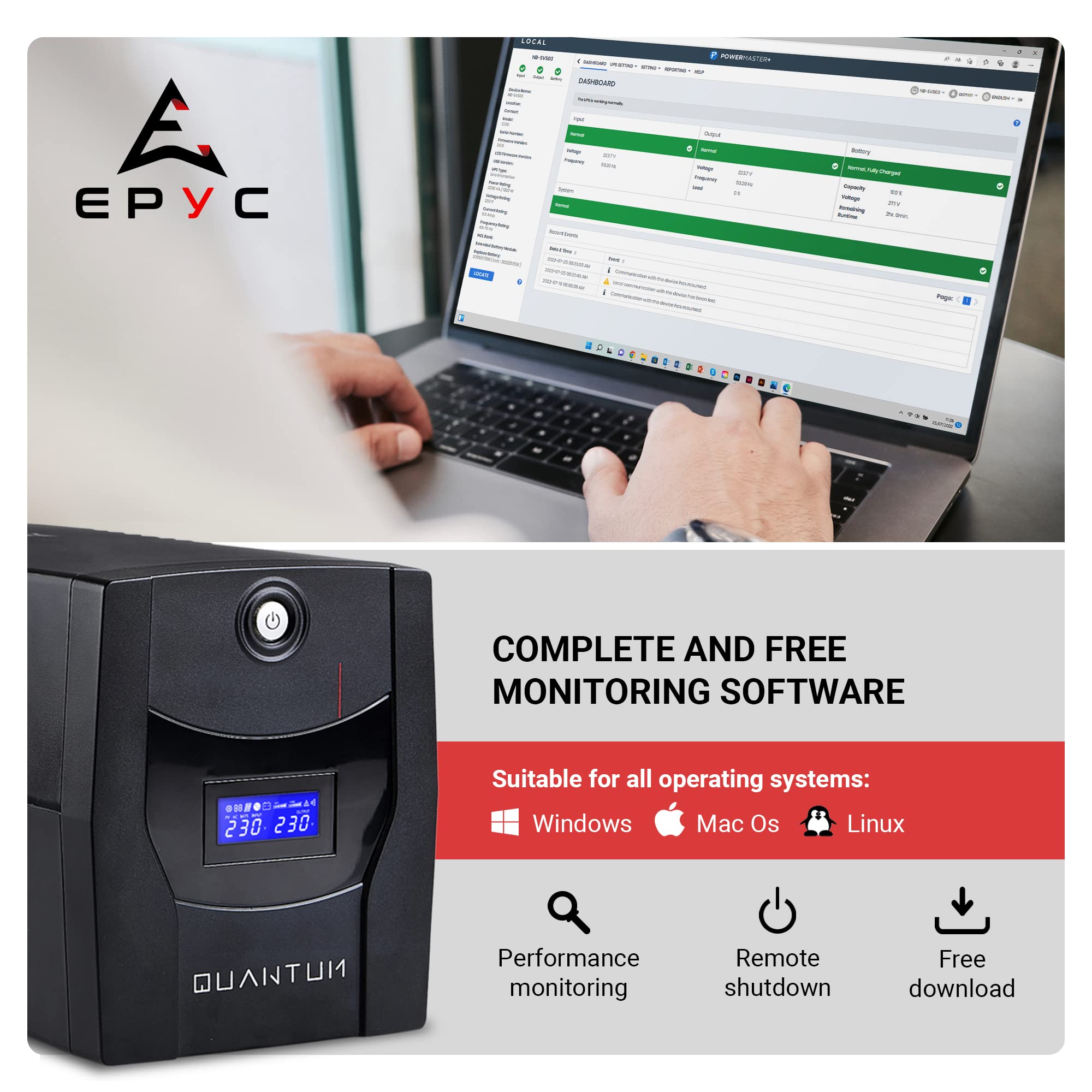 EPYC® Quantum - USV für Computer, 2200VA / 1320 Watt, UPS, Unterbrechungsfreie Stromversorgung für PC, Line Interactive, AVR, 5 Ausgängen (2X Schuko + 3X IEC), Maximale Autonomie, USV 230v 8