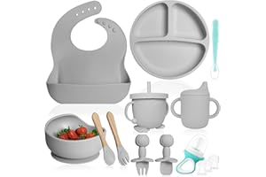 Bluet B- Silicone Baby Feeding Set with Pacifier - Baby Led Weaning Supplies - Baby Spoons, Suction Bowl - Plate - Baby Utensils Set - Silicone Feeding Set for Baby First Foods - 11pcs - Gray