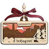 Massachusetts Wooden Ornament - Bay State Scene Featuring City Skyline and Historic Liberty Symbols - Layered Laser Cut Design Representing Colonial and Modern Heritage - State Souvenir Piece