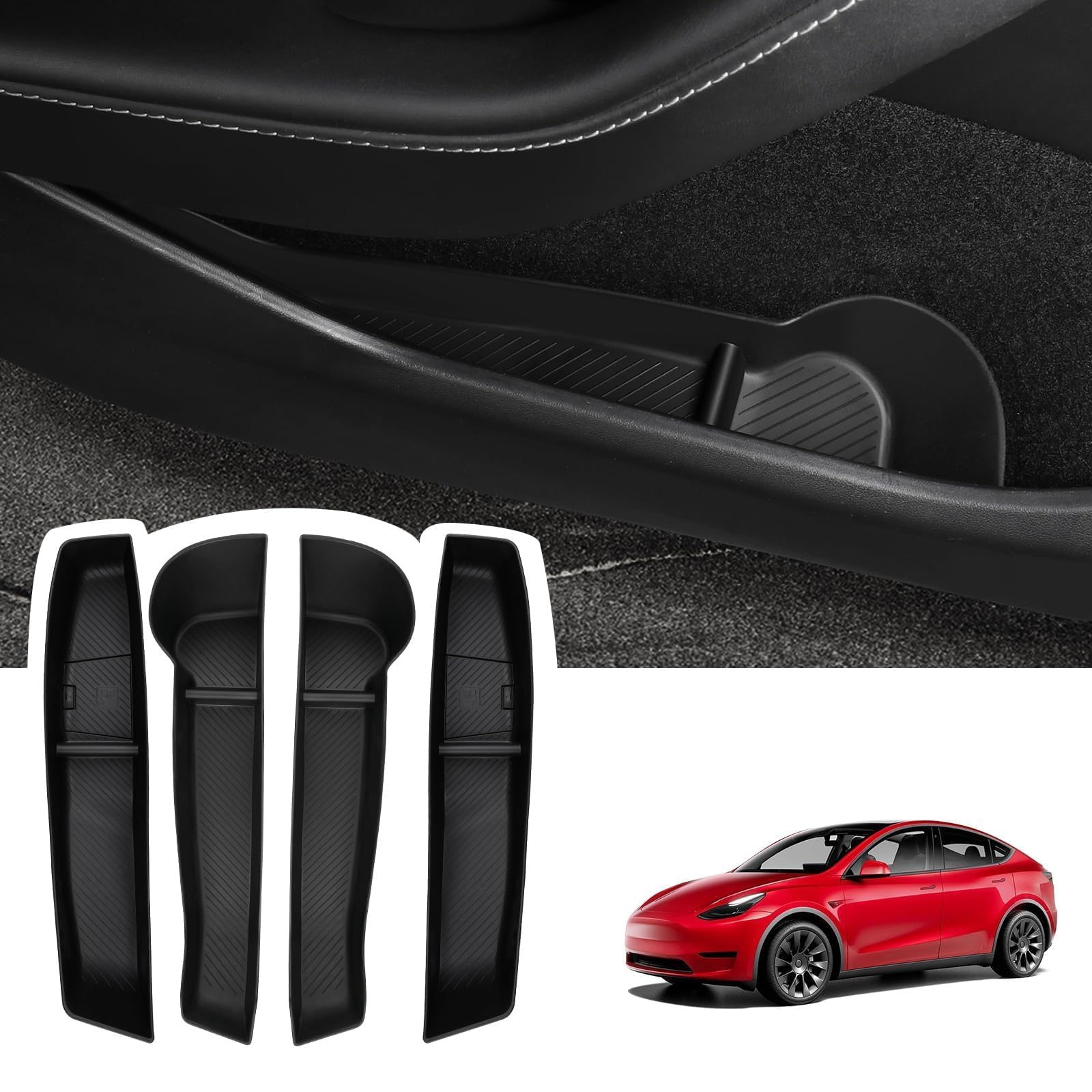 Photo 1 of BASENOR 2024-2020 Tesla Model Y Door Side Storage Box with Emergency Button Cutout, Door Organizer Pocket Liners, Waterproof TPE Front & Rear Side Tray Protector Liner Set of 4