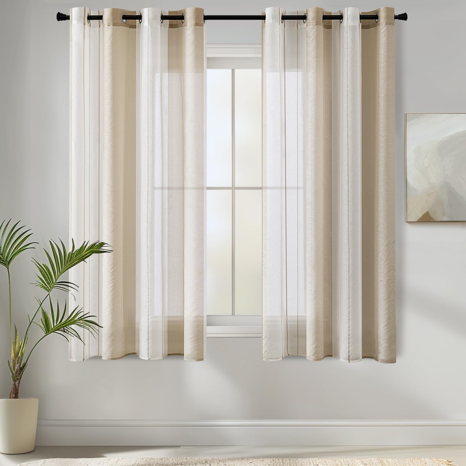 MIULEE 2 Panel Contemporary Decorative Ring Top Eyelet Voile Curtains Sheer Panels for Bedroom Livingroom Nursery Room 55" wide x63 Drop (140cm wide x 160cm Drop) Beige
