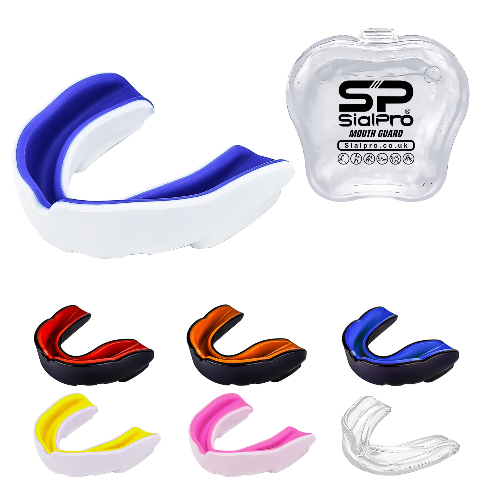 Double Layer Mouthguard Slim Fit, Senior Junior Gum Shield with Case for Boxing, MMA, Rugby, Martial Arts, Judo, Karate, Hockey and All Contact Sports (Junior (<11 Years), White-Blue)