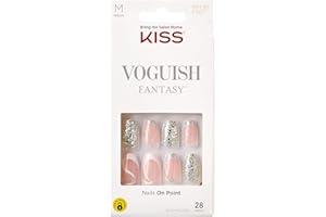 KISS Voguish Fantasy Nails – Fashspiration, Pink & Glittery, Medium Length, Coffin Shape, Ready To Wear, No Damage/Dry Time, Waterproof, Smudge Proof, Shine | 28 Count