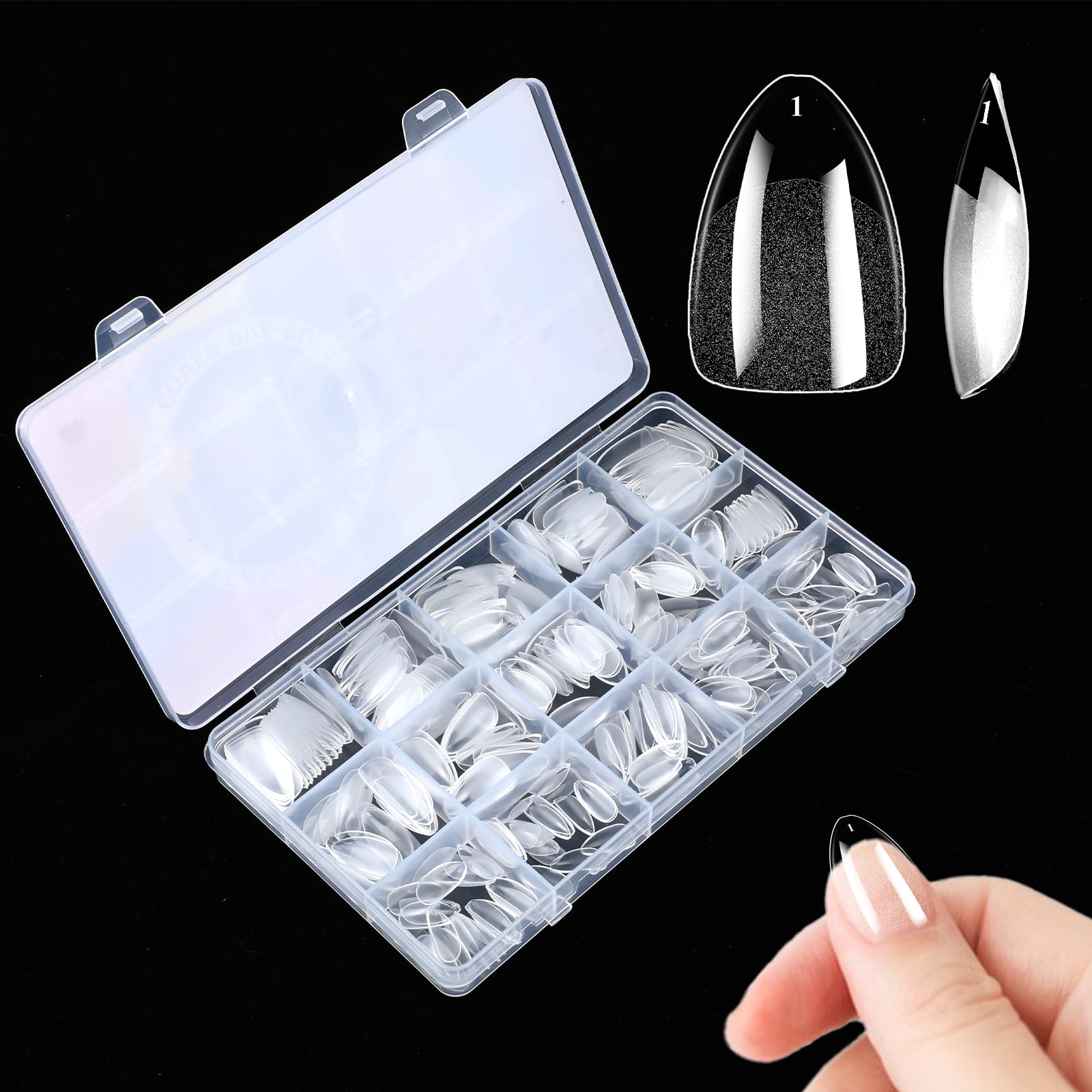 Qianyu 300 Pcs Short Almond Nail Tips - Soft Gel Full Cover Half Matte Pre-shape Clear False Nail Tips for Nail Extension and Beginners DIY at Home