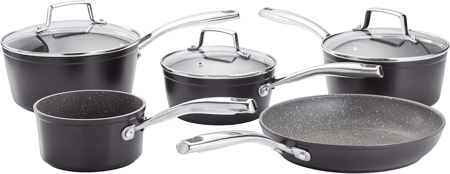 Stellar Rocktanium 5 Piece Set of Non-Stick Pans, Induction Ready, 16cm, 18cm & 20cm Saucepans with Glass Lids, 14cm Milk Pan