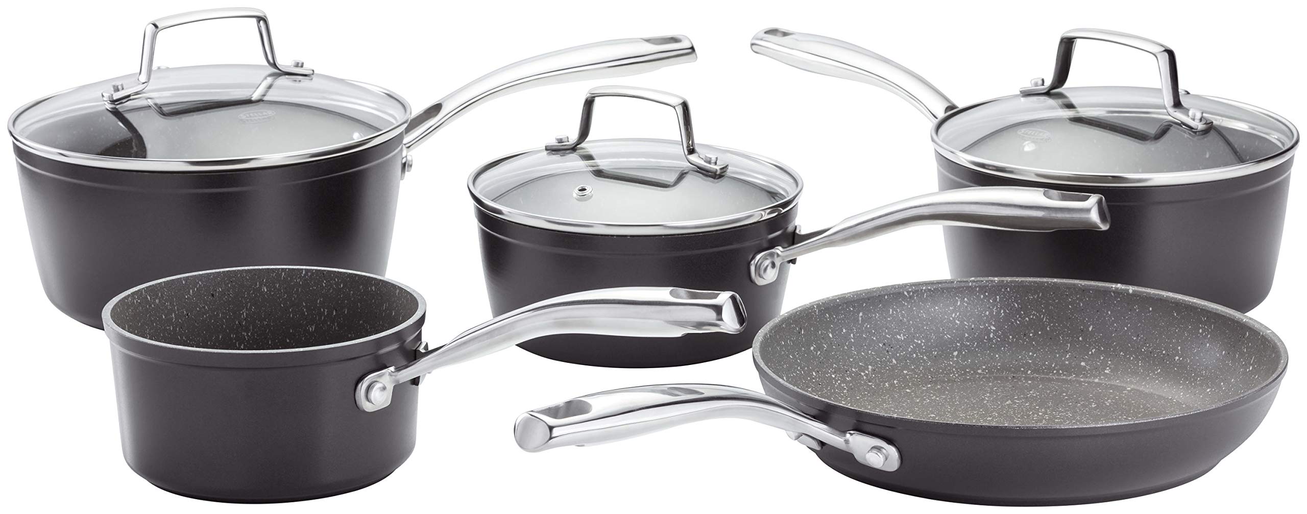 Stellar Rocktanium 5 Piece Set of Non-Stick Pans, Induction Ready, 16cm, 18cm & 20cm Saucepans with Glass Lids, 14cm Milk Pan, 24cm Non Stick Frying Pan, Dishwasher Safe