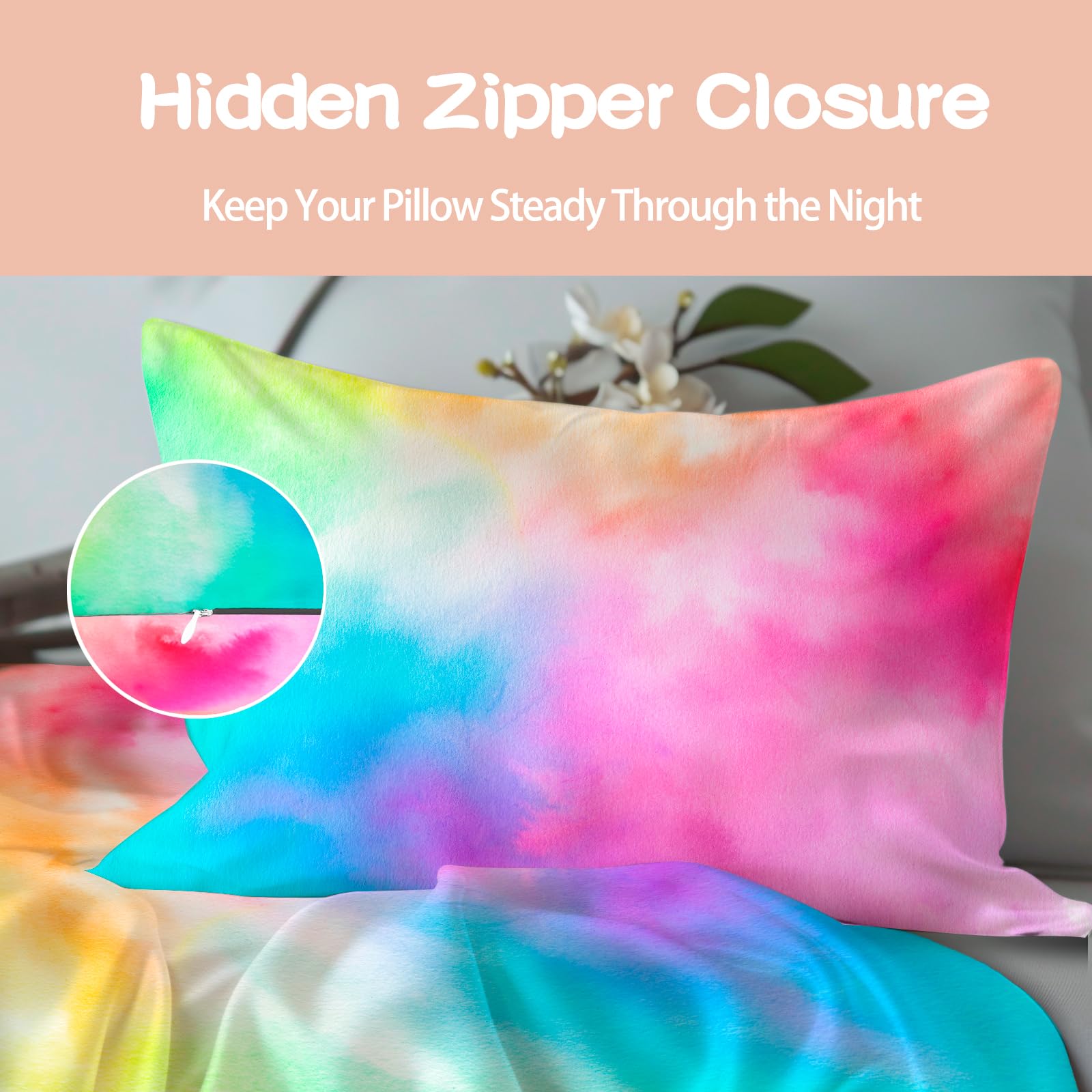 Sinpooo Satin Pillowcase for Hair and Skin,Softer Than Mulberry Silk Pillow Cases 2 Pack, Fade Resistant, Satin Pillowcases with Zipper, Cooling Pillow Cases Standard Size Set of 2, Rainbow Tie Dye - Image 2