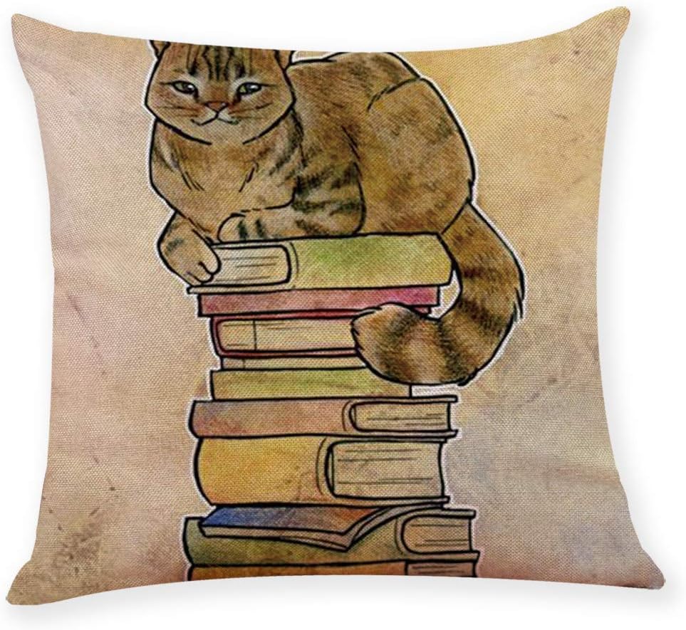 FUJOY Cute Cat kitten Book Print Design Cushion Covers, Cotton Linen Cushion Covers 45cm x 45cm Square Cushion Cases, Livingroom Sofa Chair Throw Pillow Cases