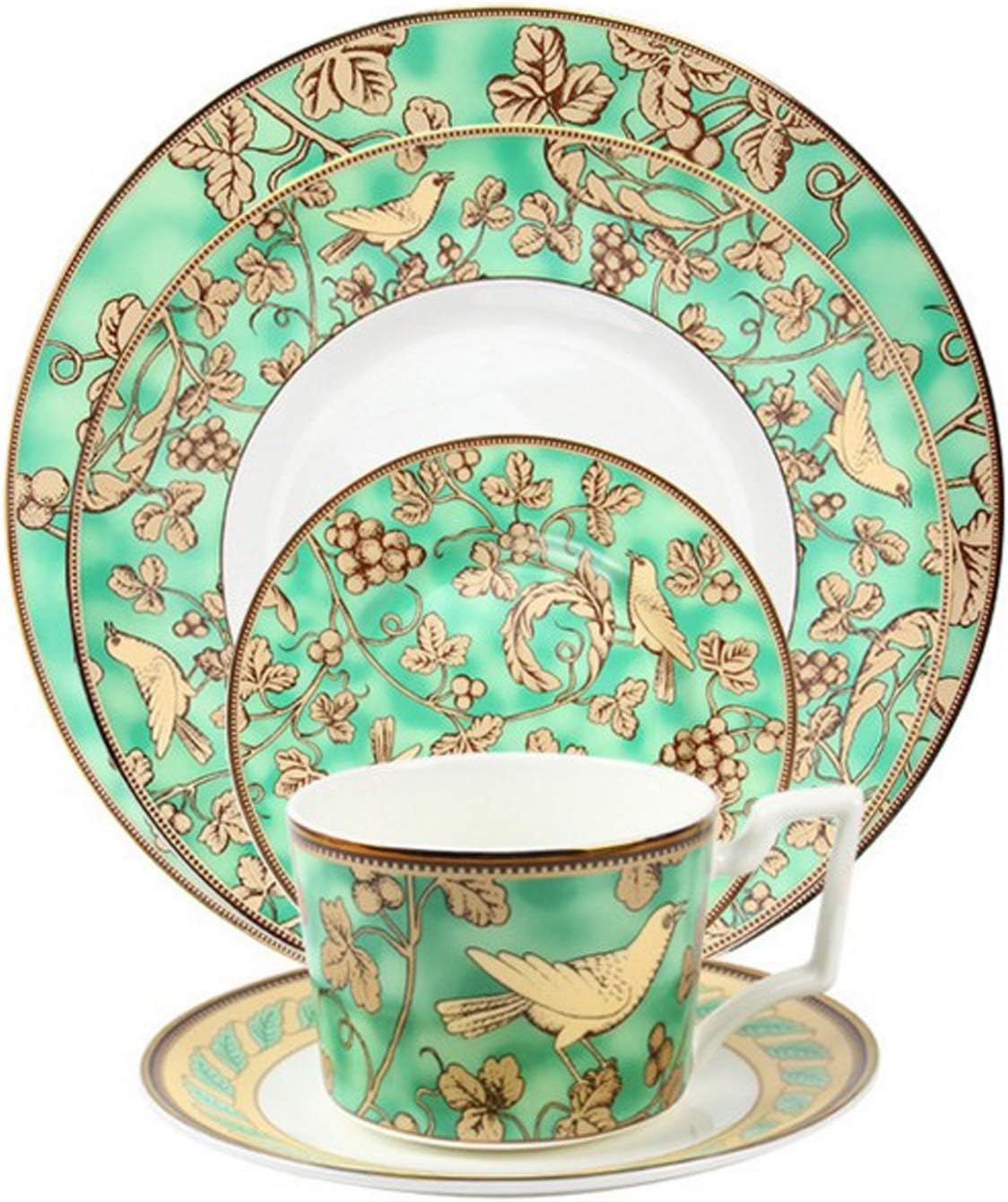SHINING Porcelain Bone China Birds And Tree Green Coffee Tea Cup With Saucer And Plates Tray For Dinner Dessert Office Home Teatime (Set of 5 Pieces)