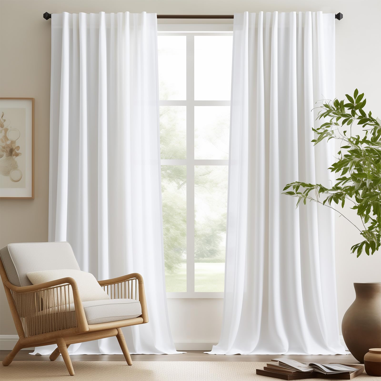 jinchan White Linen Curtains for Living Room Bedroom 20 Inchs Long 2 Panel Set Light Filtering Farmhouse Curtains Aesthetic Decor 10ft Extra Long Drapes, Rod Pocket/Back Tab 50W x 120L Image