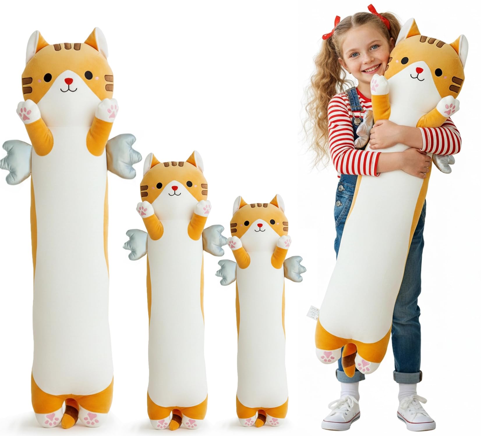 Kekeso Long Cat Plush Pillow, Cute Cat Stuffed Animal Body Pillow with Wings, Soft Kawaii Kitty Hugging Pillow, Christmas Valentine's Birthday Gift for Kids Girls Boys (Yellow, 110cm/43.31in)