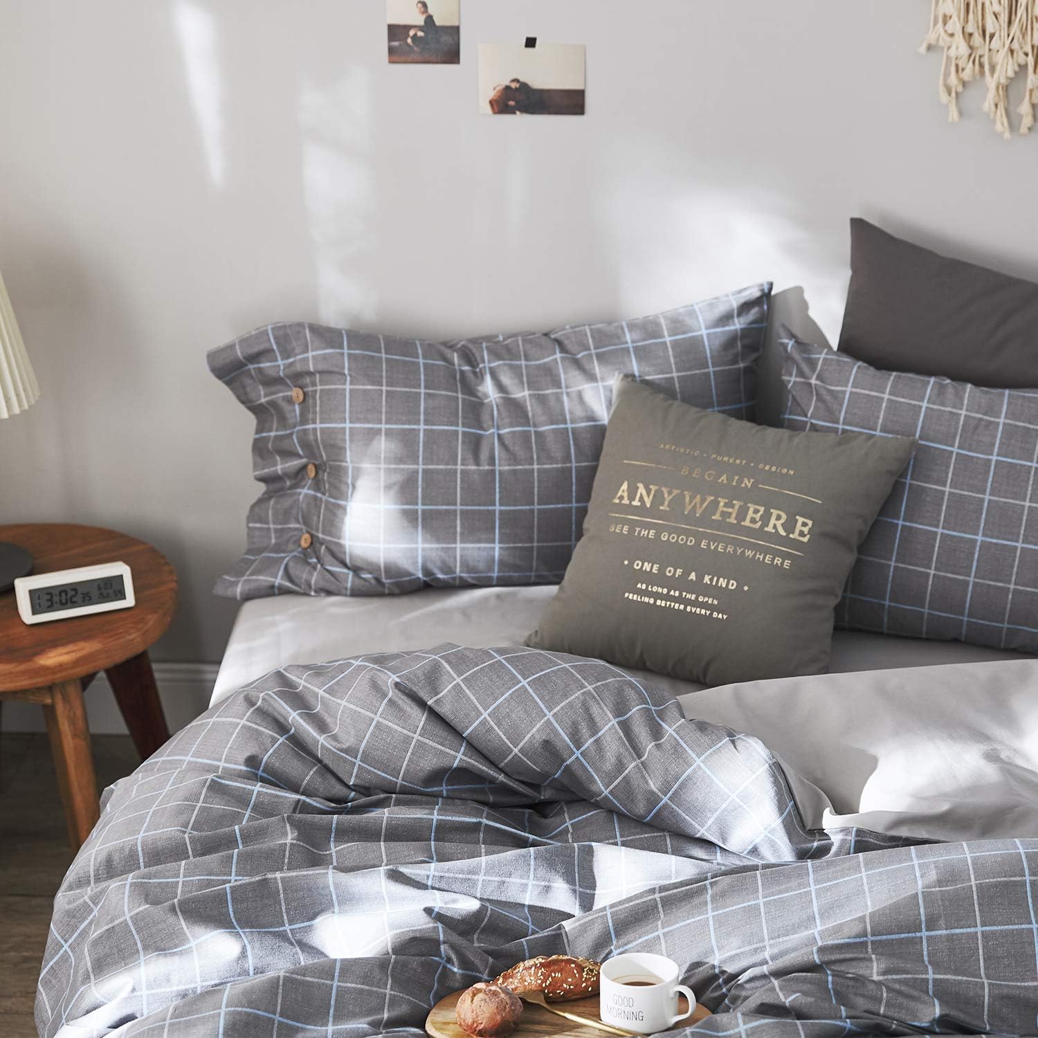 OREISE Duvet Cover Set King Size 100% Cotton Bedding Set Gray/Grey Printed Grid Style,3Piece (1 Duvet Cover + 2 Pillowcase),Comfortable Luxurious Hypoallergenic