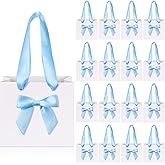 Kolldenn 50 Pcs No DIY Small Gift Bags with Blue Bow Ribbon 4''x2.7''x4.5'' Mini White Paper Thank You Bags Bulk with Handle for Baby Shower Wedding Party Favor Birthday Return Guests