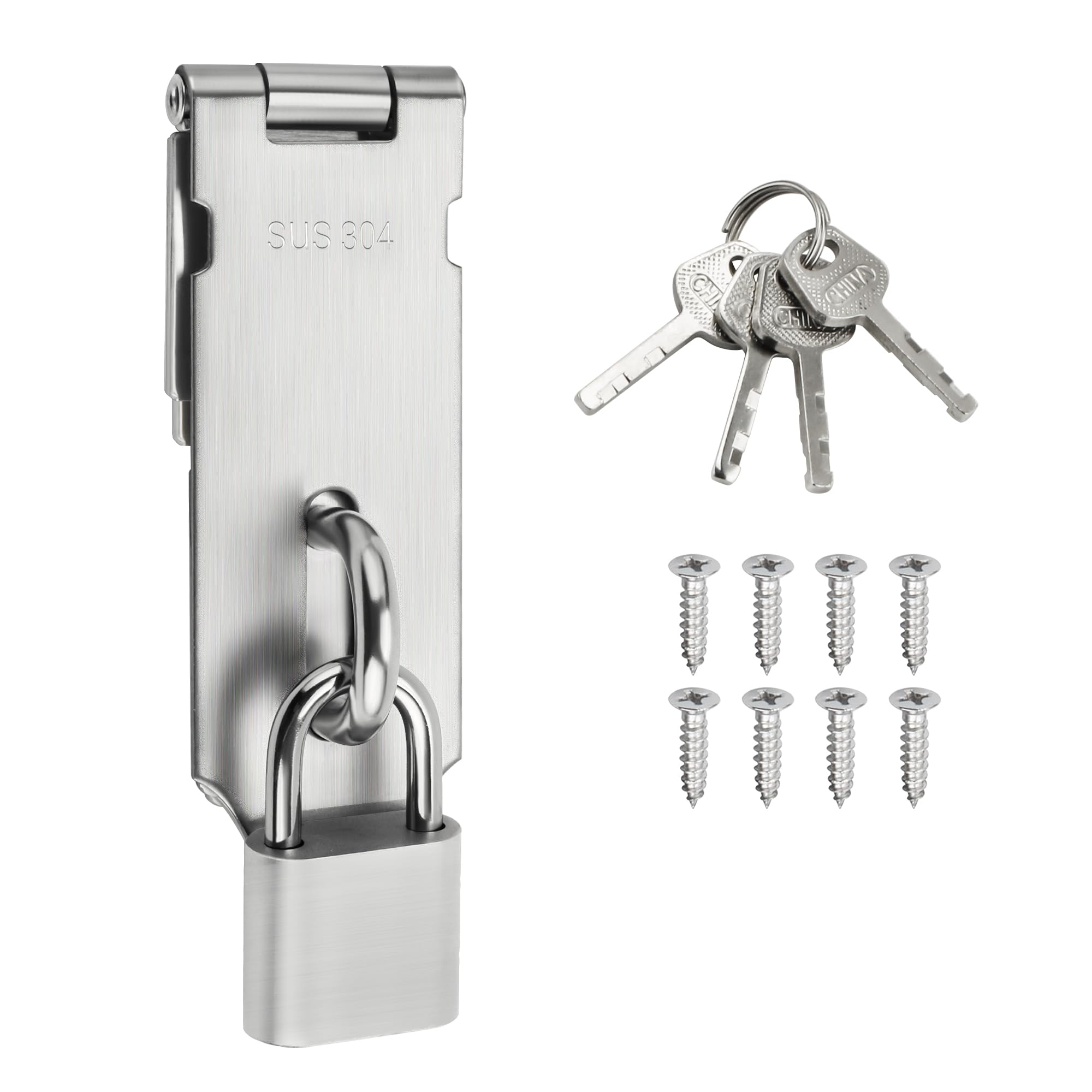 SAYAYO Shed Lock Hasp Door Lock with Padlock & 4 Keys, 4-Inch Heavy Duty Hasp and Staple Door Clasp Gate Latch, SUS304 Stainless Steel, Silver Brushed, EMST009-LS
