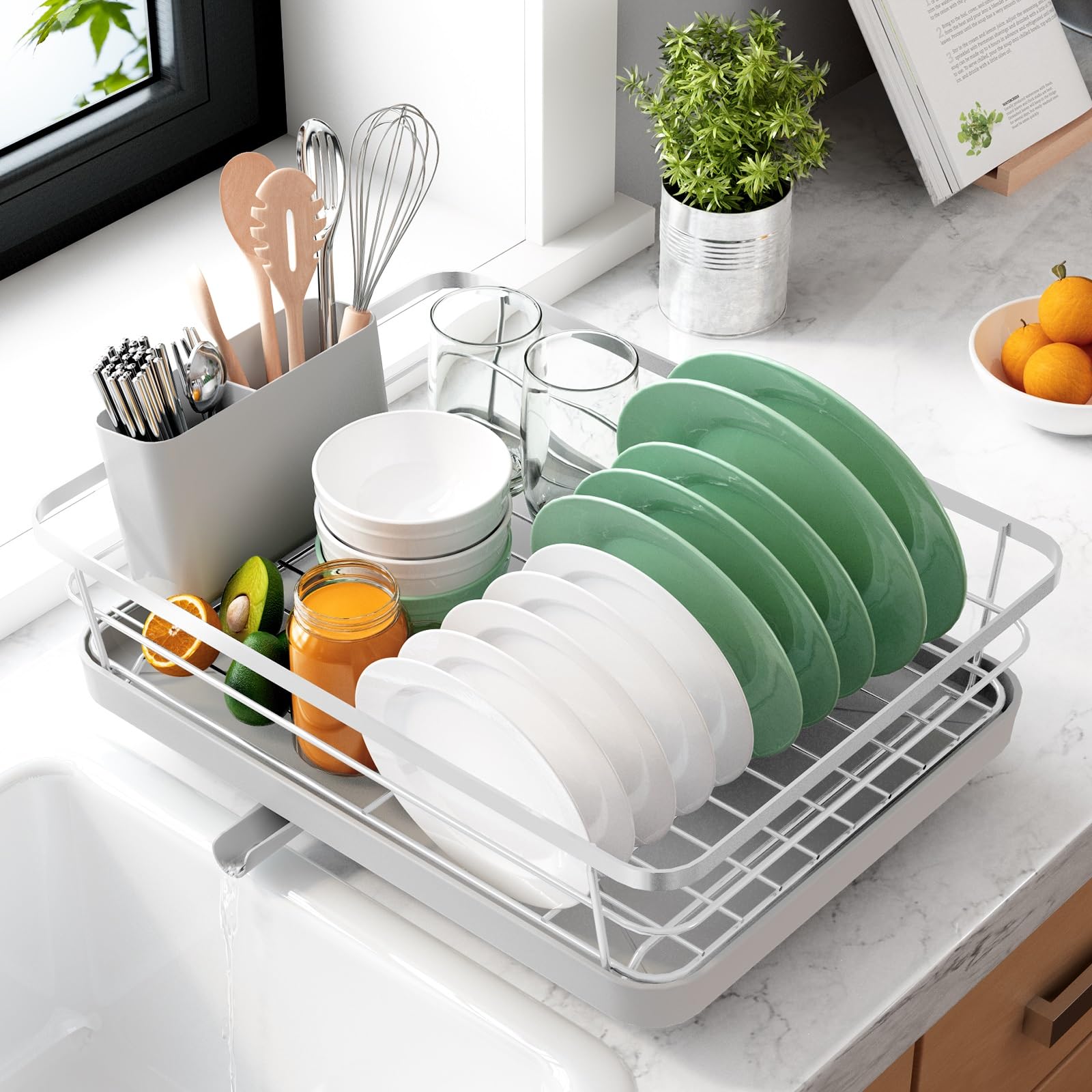 Photo 1 of Kitsure Dish Drying Rack for Kitchen Counter, Stainless Steel Sink Organization and Storage Essentials with Cutlery Holder, Home and Appartment Decor, 12''W x 15.5''L, Silver