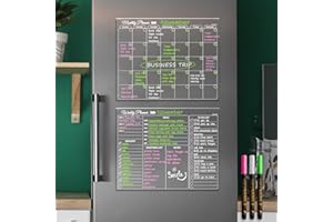 CLEVER CLEAN Clear Dry Erase Monthly Calendar and Weekly Planner for Fridge, Clear Set of 2 Dry Erase Planning Board Sticks to Wall, Glass, Cabinet (Any Smooth Surfaces). Neon Bright Liquid Chalk Markers Included.
