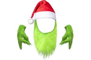 HEFNOYA Green Furry Hand Gloves, Beard, and Santa Hat - Halloween Christmas Cosplay Costume Mask Accessories props