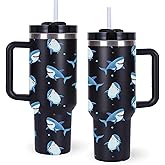 momocici 40oz Sharks Tumbler with Handle Gifts for Women.Shark Lover Cups Tumbler Gifts for Women.40 oz Birthday Christmas Shark Cup Tumblers for Sharks lover.