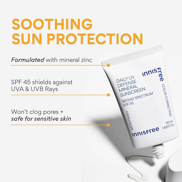 INNISFREE DAILY UV DEFENSE MINERAL SUNSCREEN BROAD SPECTRUM SPF 45 WITH HYALURONIC ACID, KOREAN SUNSCREEN FOR FACE WITH COLOR CORRECTING GREEN TINT