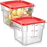 Suclain 2 Pcs Square Food Storage Container Polycarbonate Clear Food Container with Red Lid Commercial Rice Storage with Red Graduations for Commercial Kitchen (6 Qt)