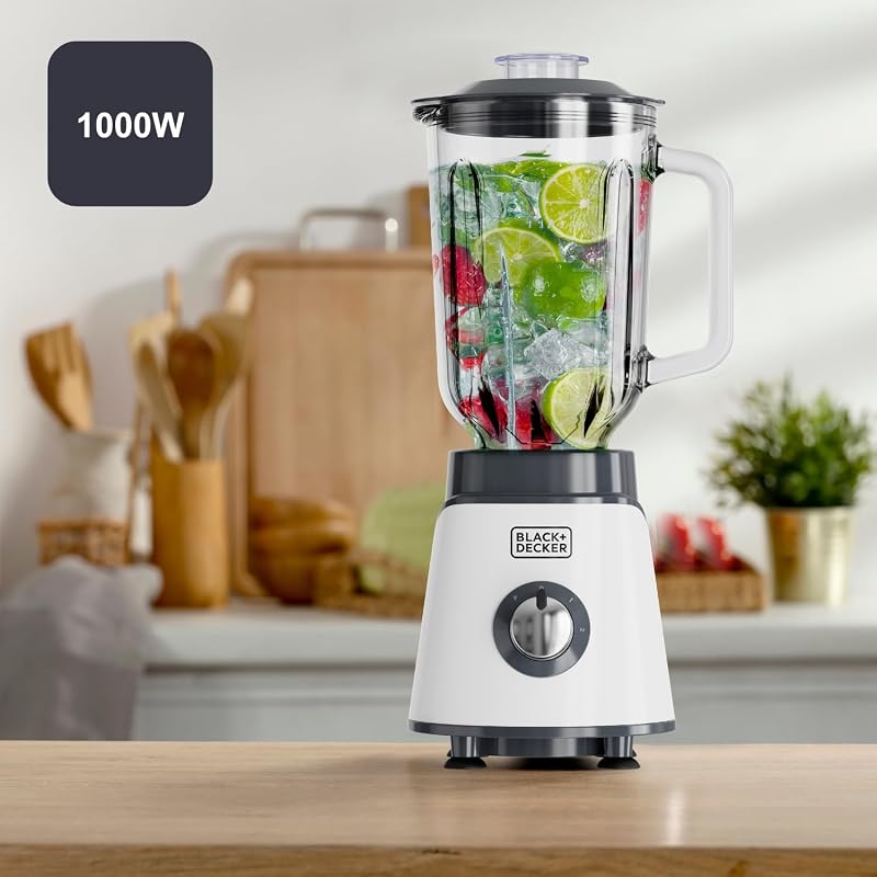 - Liquidificador BXJB1002E 1000W | Jarro de vidro 1.5L | Lâminas de Aço Inoxidável 4 Bordas | Função Ice Crush | 2 Velocidade + Pulso | Cofre para máquina de lavar louça | Sistema de Segurança