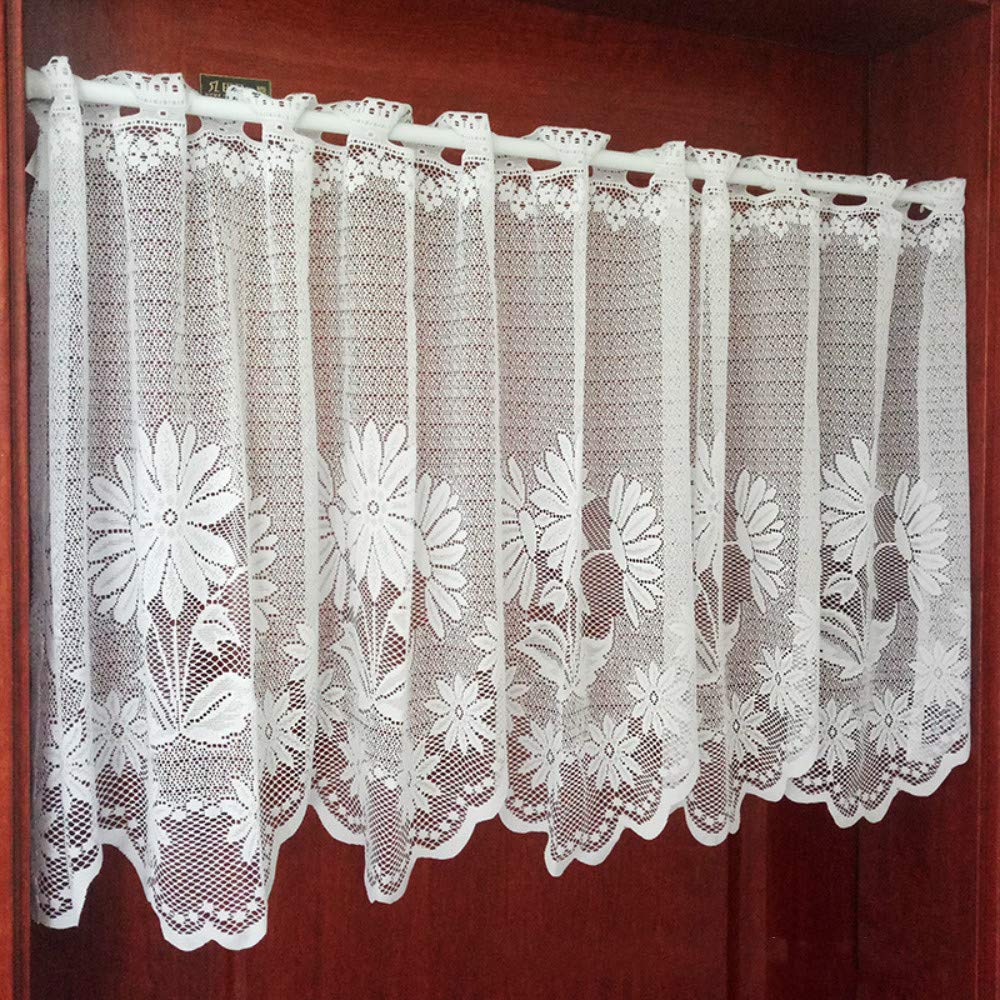 ZHH Lace Cafe Curtain Sheer Window Valance Embroideried Sun Flower Kitchen Curtains 21 by 59-Inch, White