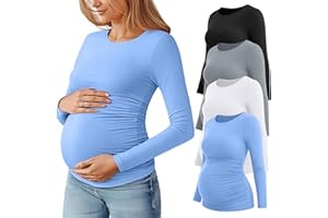 Huukeay 4 Pack Women's Maternity T Shirts, Long Sleeve Side Ruched Pregnancy Top Crew Neck Bodycon Shirts Casual Mama Clothes