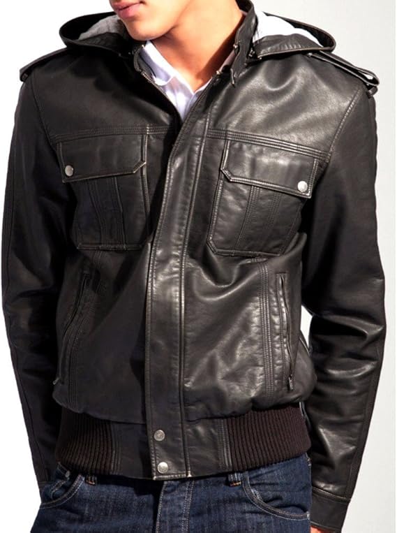 Men's Gray Leather Jacket with Zip on Hoody at Amazon Men’s Clothing store