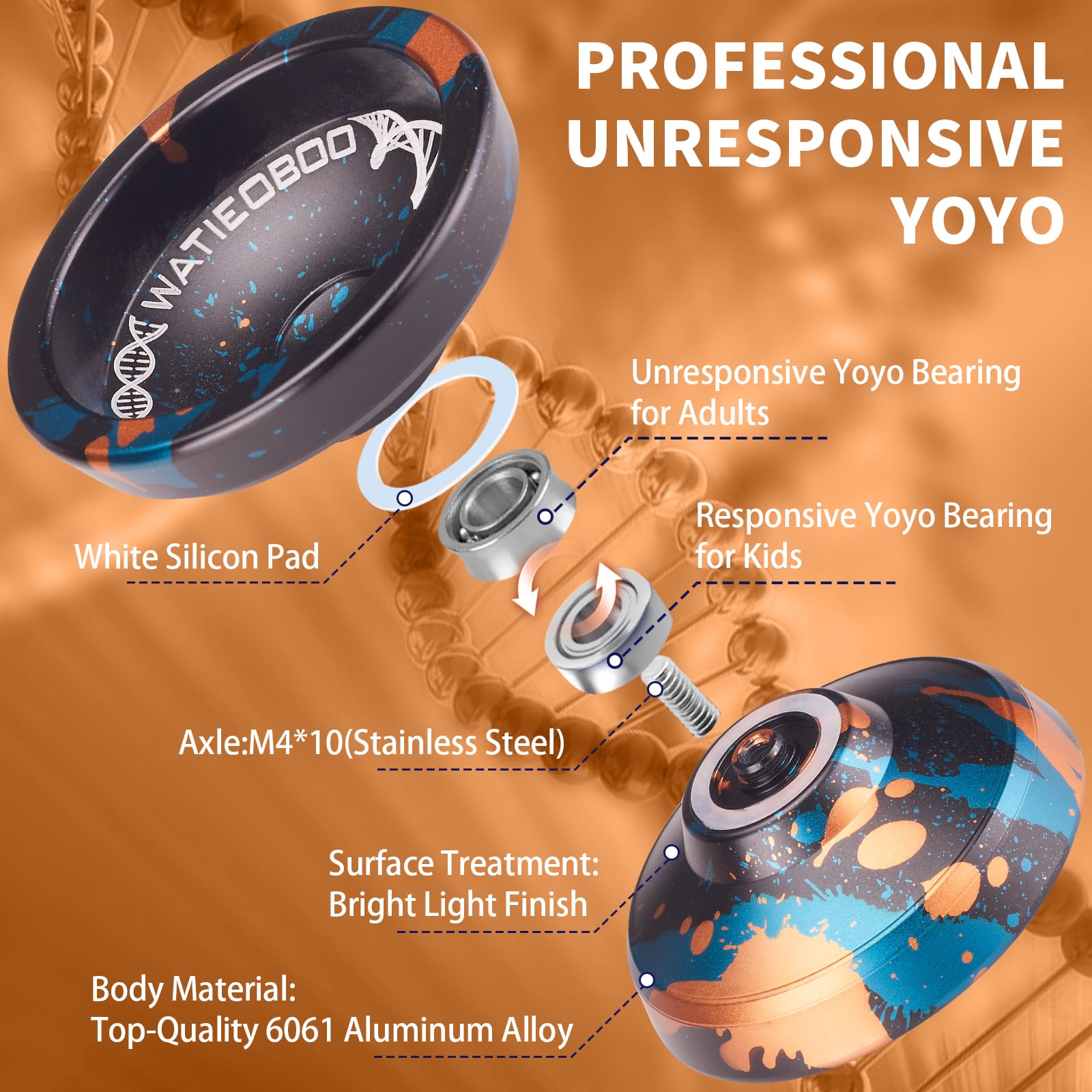 WATIEOBOO Professional Responsive Yoyo Bearing Beginner, Unresponsive Yoyo Bearing for Fingerspin Tricks - Black, Blue, Gold