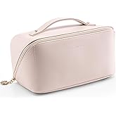 Vlando Makeup Bag,Large Capacity Travel Toiletry Bag,Cosmetic Bags for Women PU Leather Waterproof Portable Pouch with Divider & Handle-Apricot Pink