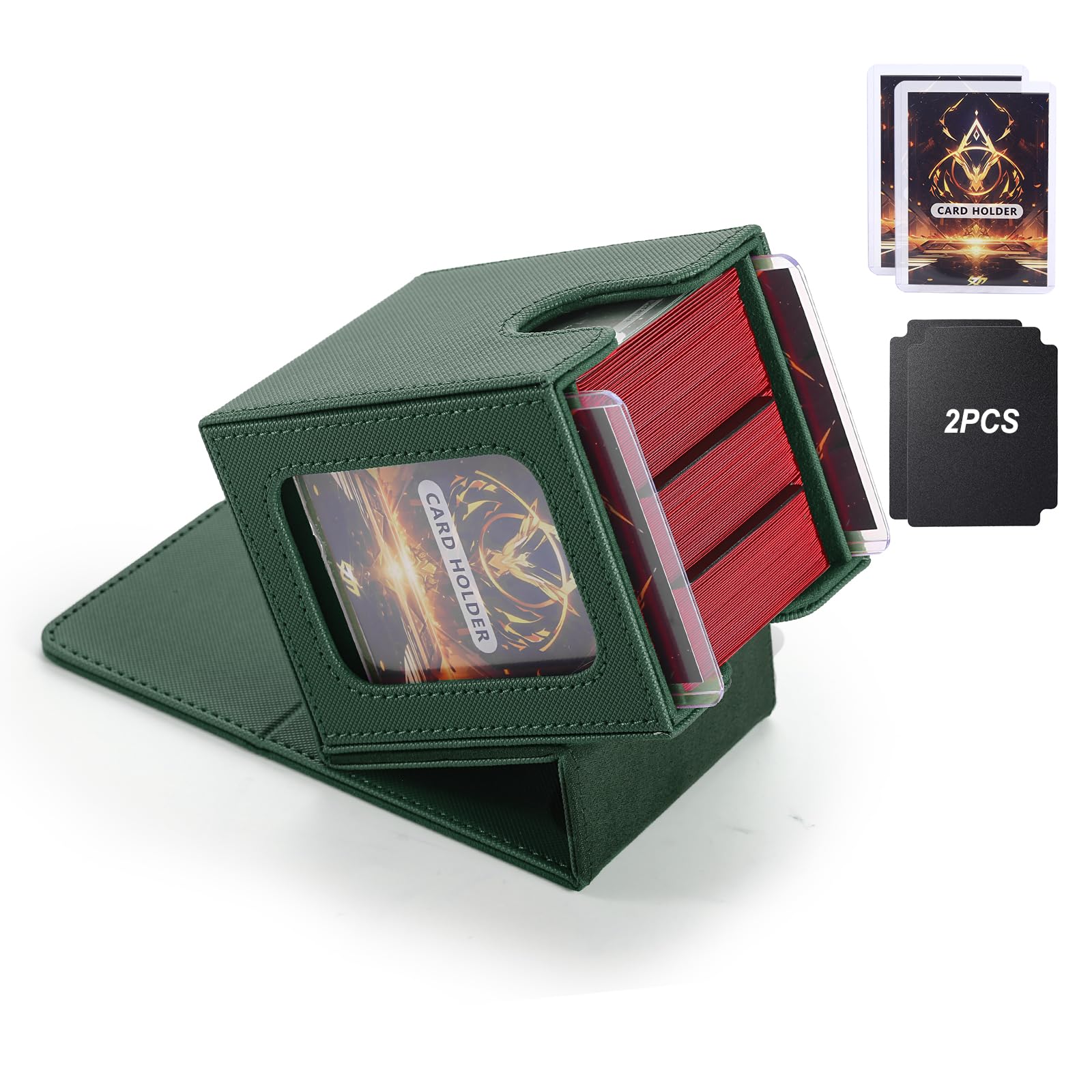 Photo 1 of MTG Deck Box, Double Display Window MTG, Commander Deck Box Fits 120+ Single Sleeved Cards, PU Leather Magnetic Closure Card Box with 2 Dividers&2 Toploaders for TCG, CCG, Green
