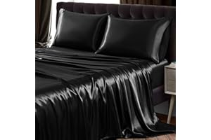 SiinvdaBZX 4Pcs Satin Sheet Set Queen Size Ultra Silky Soft Black Satin Queen Bed Sheets with Deep Pocket, 1 Fitted Sheet, 1 Flat Sheet, 2 Envelope Closure Pillowcases