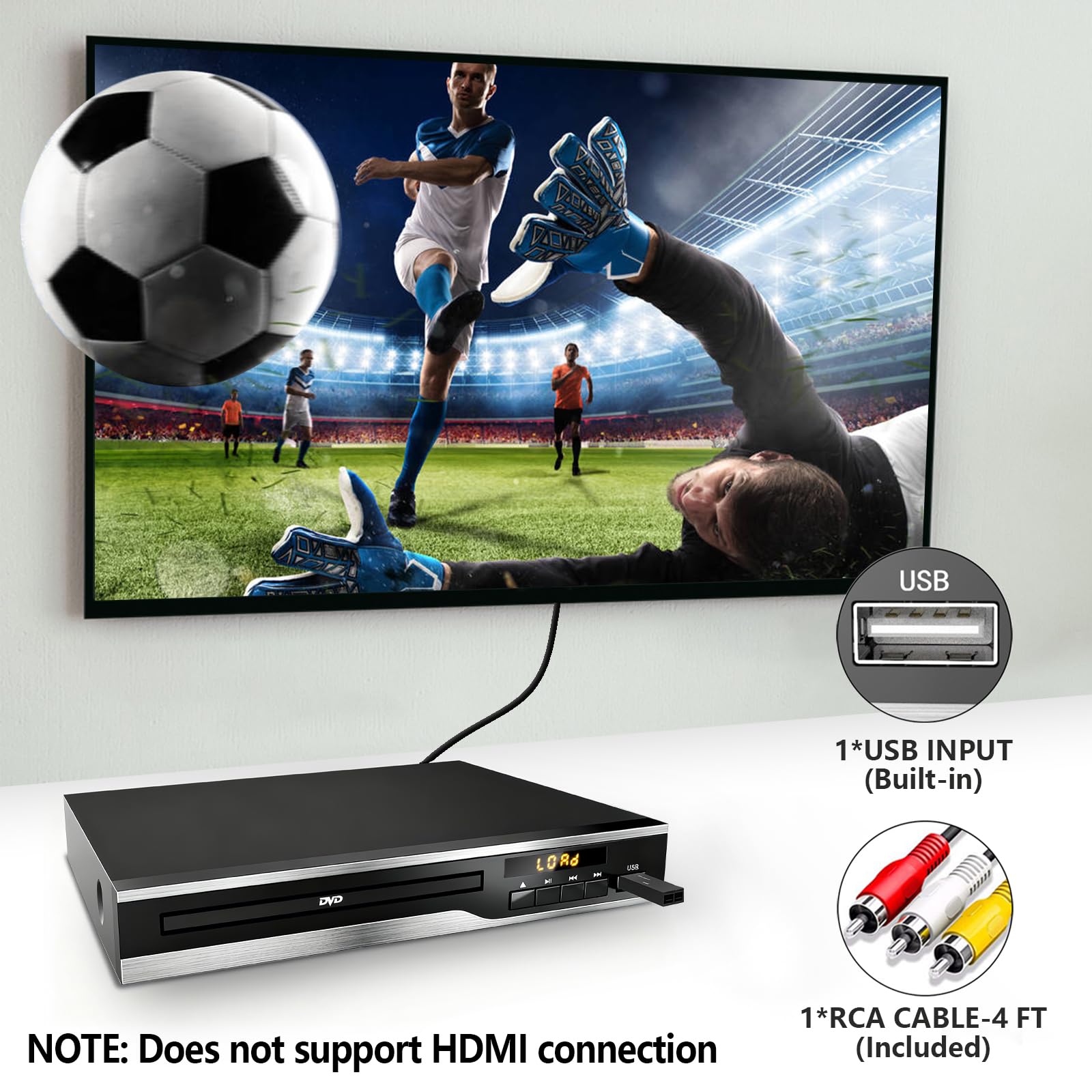 DVD Player, Region Free DVD Players for CD/DVD's, Compact DVD Player Supports NTSC/PAL System with RCA Stable Outputs/USB 128G Input, Contains Remote Control and RCA Cable-Without HDMI Cable