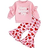 RSRZRCJ Toddler Baby Girl Valentines Day Outfit Heart Bow Print Ruffle Long Sleeve Sweatshirt Flare Pants 2pcs Clothes Set